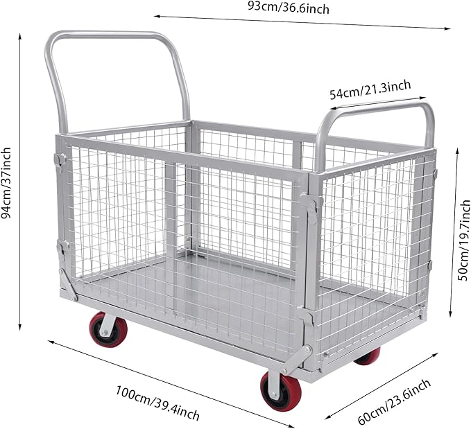 Large Platform Truck Cart, 440LBS Heavy Duty Push Cart Dolly with Cage, 39 x 24in Steel Flatbed Carts Flat Dollys Hand Trucks for Groceries, Garage, Warehouse, Equipment