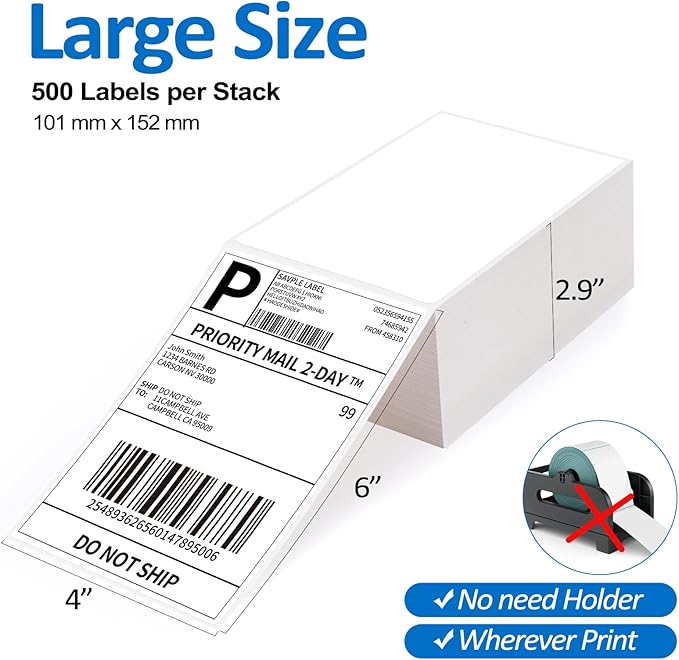 1000 Fanfold 4"x6" Direct Thermal Shipping Address Labels, (500 Labels/Stack) Paper Label for Direct Thermal Printer MUNBYN, JADENS, BEEPRT, ASprink, Nelko, Phomemo, for UPS USPS