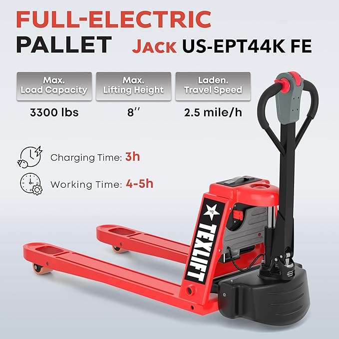 Full Electric Power Pallet Jack – Standard Duty Pallet Truck 4400 Lb Capacity, 48” L x 27” W Fork Size, Plug-in 48V/15A Lithium Battery – Max Lift Height 7.8 Inch - (US-EPT44K-FE)