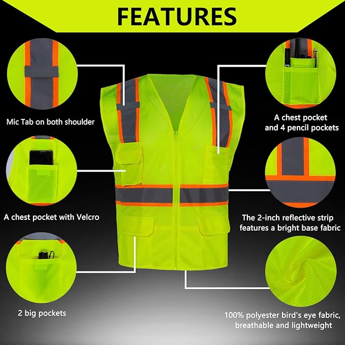 FONIRRA 3 Pack Hi Vis Safety Vest for Men with 8 Pockets,Hi Vis Reflective Mesh Vest for Men for Construction