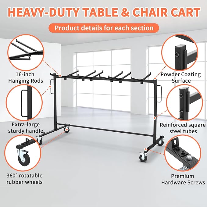 Folding Chair Rack Table and Chairs Storage Cart 400 LBS Capacity Heavy Duty Steel Mobile Dolly, 42 Chairs or 12 Tables Folding Chair on Wheels Storage Rack with Dust Cover & Elastic Cords