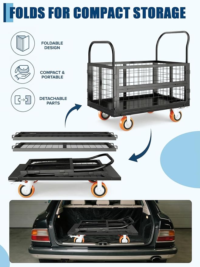 6-in-1 Platform Truck Cart with Cage, Foldable Hand Truck Load 1800 LBS with 4 Wheels Push Cart Dolly for Grocery, Laundry, Garage, Warehouse (Black+Orange)