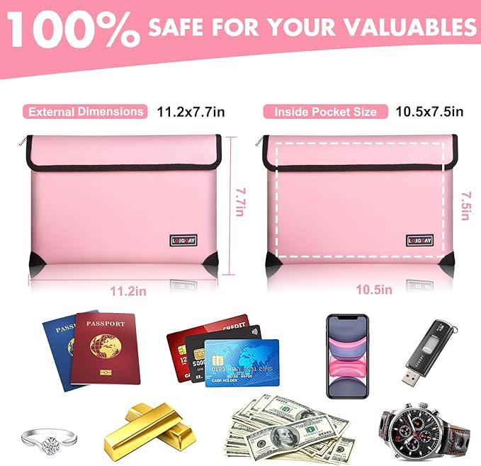 Fireproof Bag with 5200℉ Thermal Insulated, Waterproof Fireproof document bag with Zipper, Fireproof Money Bag for Cash, Fireproof Safe Bags for Home Safe Bank Valuable Documents (Pink, 11"x7.7")