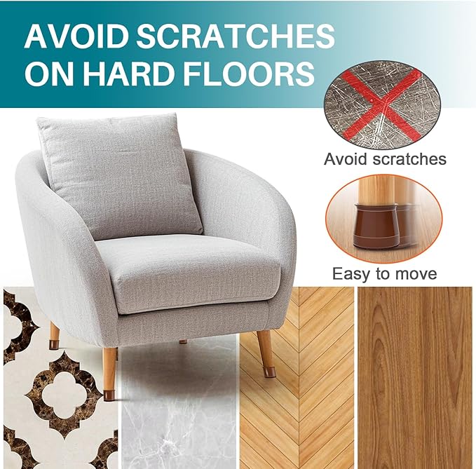 24 Pcs Chair Leg Floor Protectors Round, Silicone Felt Furniture Leg Pads Caps Covers for Hardwood Floors (Fit 15/16" to 1-5/16")