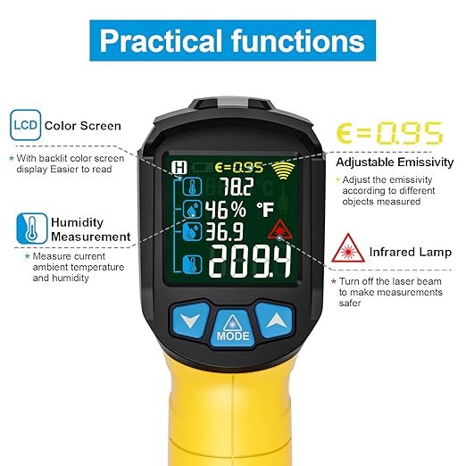 MESTEK Infrared Thermometer Gun, Non-Contact Digital Laser Thermometer Temperature Gun with Probe for Cooking, Home Repairs, IR Temp Gun with Humidity Sensor, Adjustable Emissivity -58°F to 1472°F