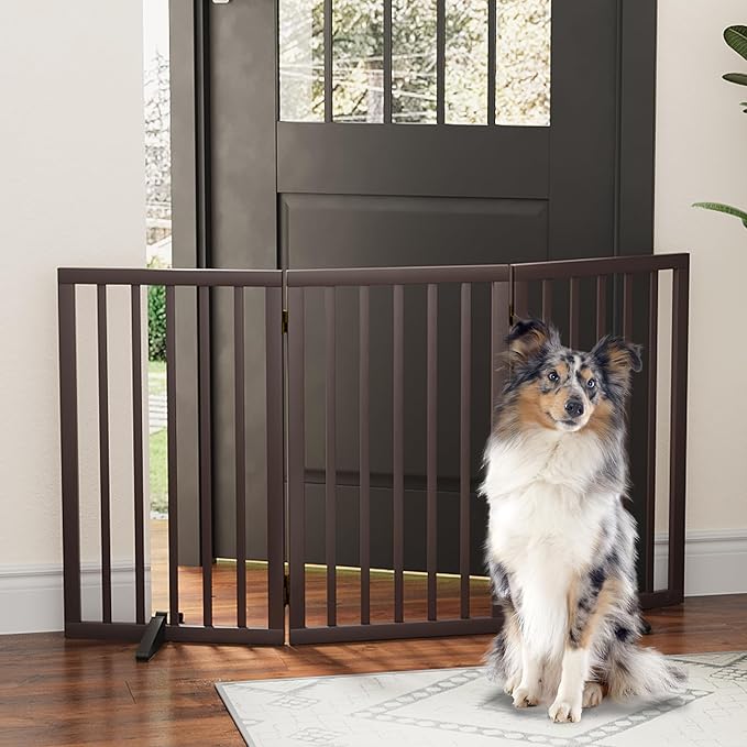 Dog Gates for Doorways, Tall Dog Gate Indoor, Foldable Pet Gates for Doorways Bedroom, Freestanding Puppy Gate with Metal Support Feet, Room Divider,3 Panels (Brown)