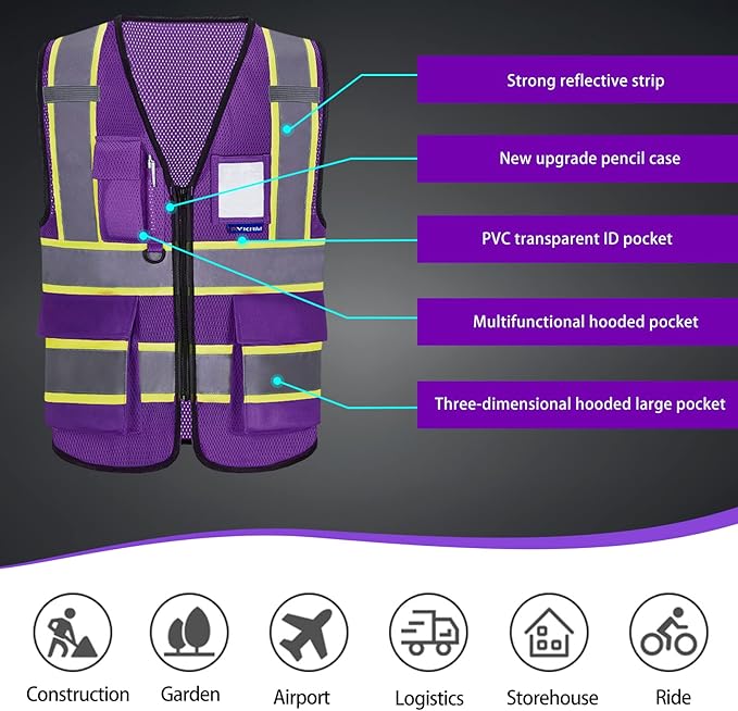 AYKRM 11 color High Vis Reflective Safety Vest for Women Men Security Pocket Zipper
