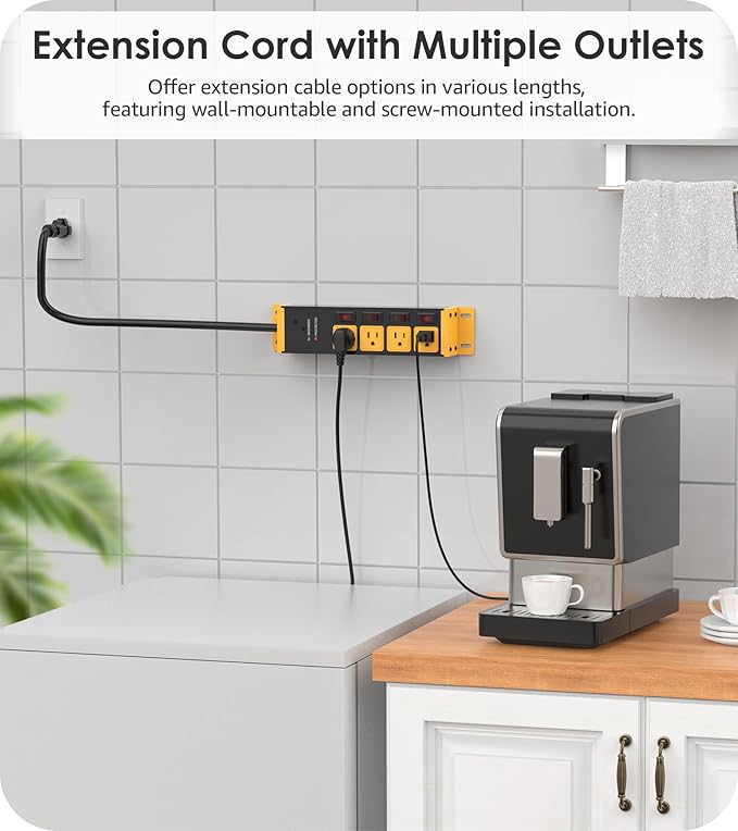 CCCEI CCCEI 2PCS Heavy Duty Power Strip Surge Protector 20 AMP Individual Switches. 15FT 12 Gauge Extension Cord with Multiple Outlets. Garage, Shop, Industrial Wall Mount Electric Extender, Yellow.