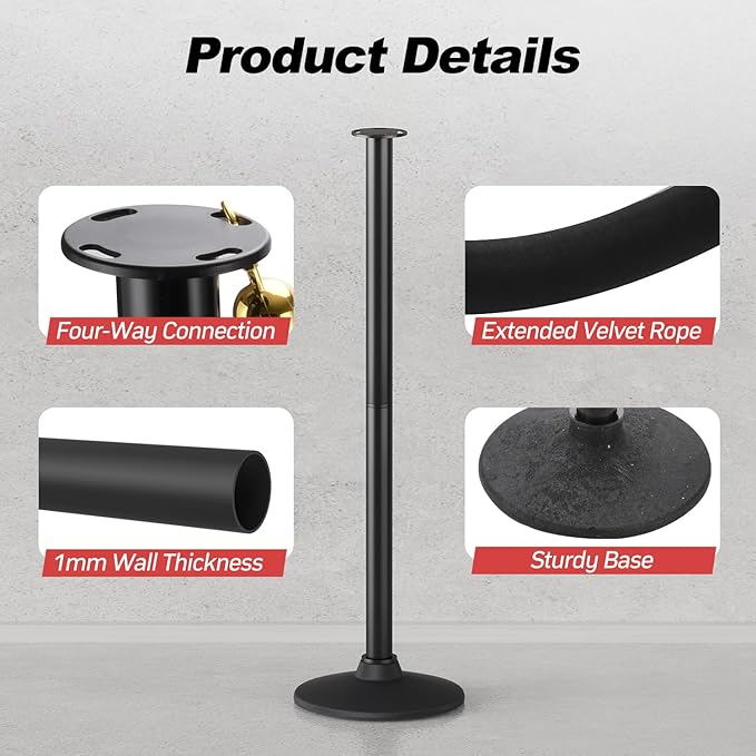 BATTIFE Plastic Stanchion Posts with Three Black Velvet Ropes and Weighted Rubber-Plastic Base, Crowd Control and Queue Management Barrier Poles for Party, Event, Red Carpet (4 Pack)