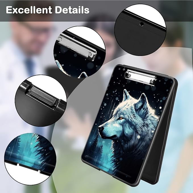 Clipboard with Storage,Office Supplies Nursing Clipboards Folder with Pen Holder Plastic Foldable Clip Board with Storage for Nurse Teacher,Misty Forest Wolf