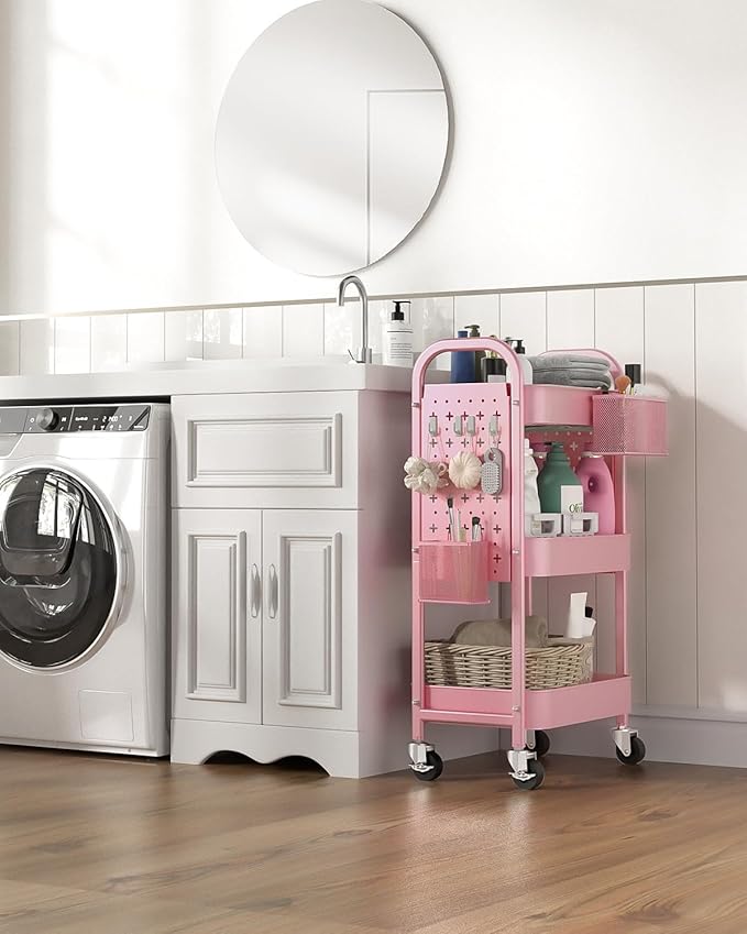 ALVOROG 3 Tier Rolling Cart with DIY Pegboards Metal Utility Cart with Wheels Handles Baskets Hooks, Craft Cart for Office Kitchen Bathroom(Cherry Blossom Pink)