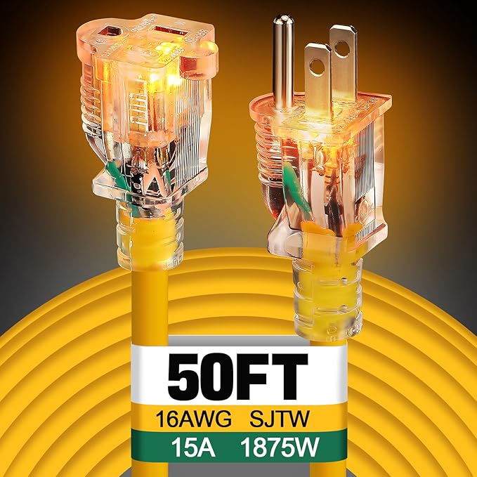 Lighted End Heavy Duty Outdoor Extension Cord Waterproof -16AWG, 3 Prong, 15A, 1875W, Flexible Yellow Power Extension Cord for Outsides, 50ft