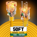 Lighted End Heavy Duty Outdoor Extension Cord Waterproof -16AWG, 3 Prong, 15A, 1875W, Flexible Yellow Power Extension Cord for Outsides, 50ft
