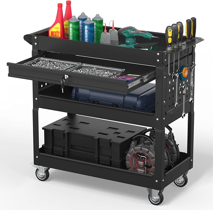 3 Tier Rolling Tool Cart on Wheels, 550 LBS Tool Cart with Drawers，Heavy Duty Utility Cart with Pegboard and Hooks，Mechanic Tool Storage Cart for Garage, Warehouse (Black)