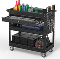 3 Tier Rolling Tool Cart on Wheels, 550 LBS Tool Cart with Drawers，Heavy Duty Utility Cart with Pegboard and Hooks，Mechanic Tool Storage Cart for Garage, Warehouse (Black)