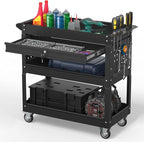 3 Tier Rolling Tool Cart on Wheels, 550 LBS Tool Cart with Drawers，Heavy Duty Utility Cart with Pegboard and Hooks，Mechanic Tool Storage Cart for Garage, Warehouse (Black)