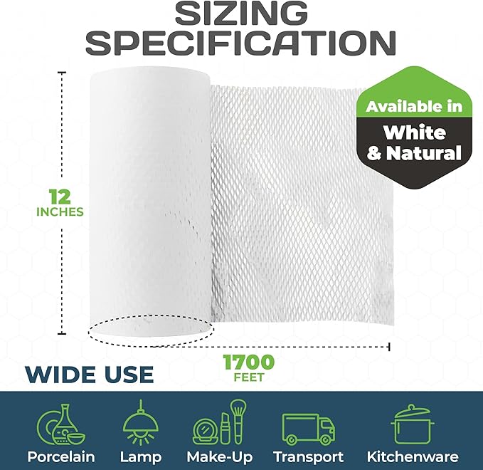 HexcelPack HexaFil Honeycomb Packing Paper - Eco-Friendly, Sustainable Filler for Shipping and Moving, Cushioned Packing Material in Dispenser Box, Alternative to Bubble Wrap - White, 12" x 1700'