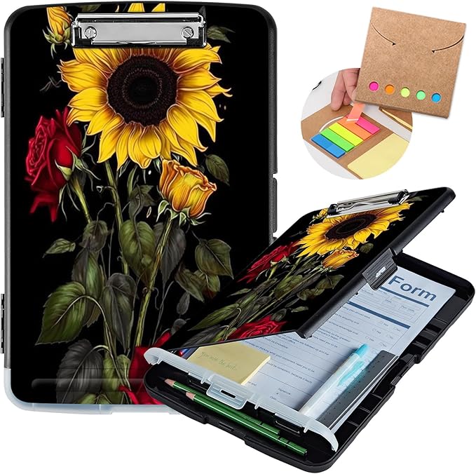 Clipboard with Storage,Heavy Duty Plastic Storage Clipboard with Low Profile Clip,Teacher Must Haves,Office Supplies,Sunflower Roses Flowers