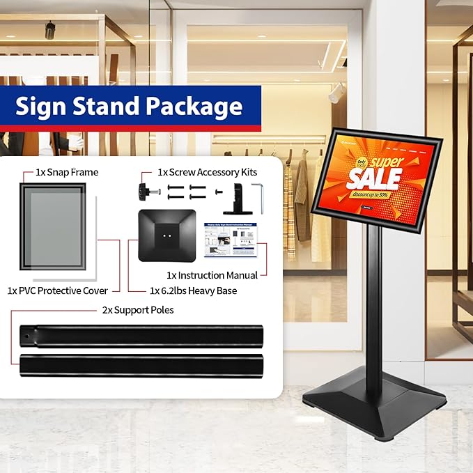 Business & Store Sign Holders 8.5x11inch 3Pack Adjustable Floor Standing Sign Holder with Heavy Duty Display Stand (Black, Silver)