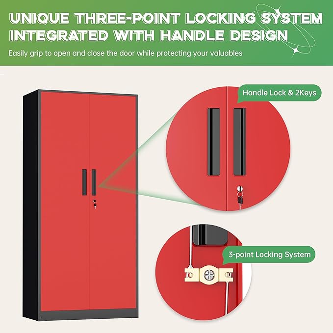 INTERGREAT Metal Storage Cabinet with Lock, 61" H Metal Cabinets Storage with 2 Doors and 4 Adjustable Shelves, Locking Garage Cabinet for Home Office, Kitchen, Bathroom (Black Red)