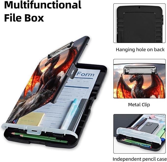 Clipboard with Storage Box & Pen Holder,Heavy Duty Clip Boards 8.5x11 for Nursing,High Capacity,School & Office Supplies,Dragon Majesty