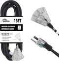 3-Outlets Indoor Outdoor Extension Cord Weatherproof with Lighted End, UL Listed, 10 Gauge 15FT Black 3 Prong Heavy Duty, 10/3 SJTW 15A Power Cord