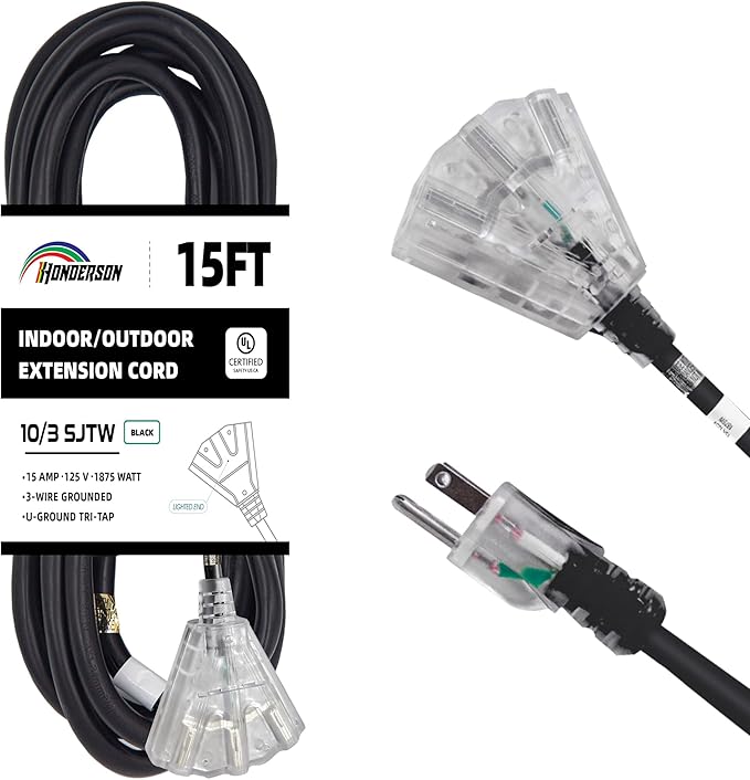3-Outlets Indoor Outdoor Extension Cord Weatherproof with Lighted End, UL Listed, 10 Gauge 15FT Black 3 Prong Heavy Duty, 10/3 SJTW 15A Power Cord