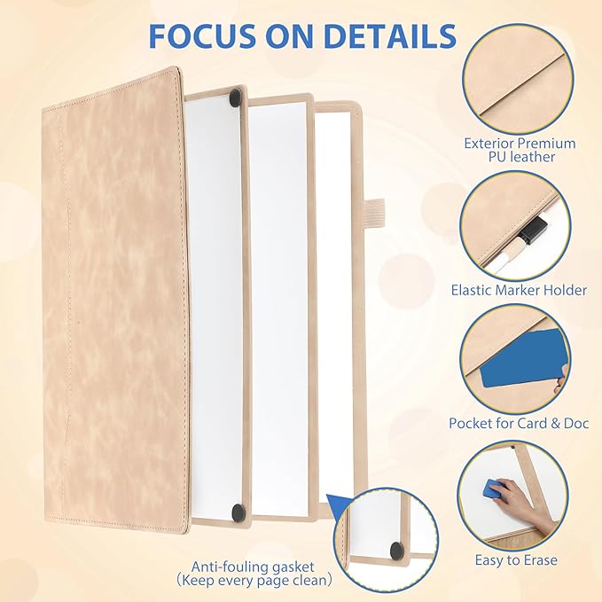 6 Sides Whiteboard Notebook Portable Whiteboard Dry Erase Notebook Portable Dry Erase Board Double Sided Folding Whiteboards White Board for Office Study Meeting(Khaki,A4: 9"×12”)
