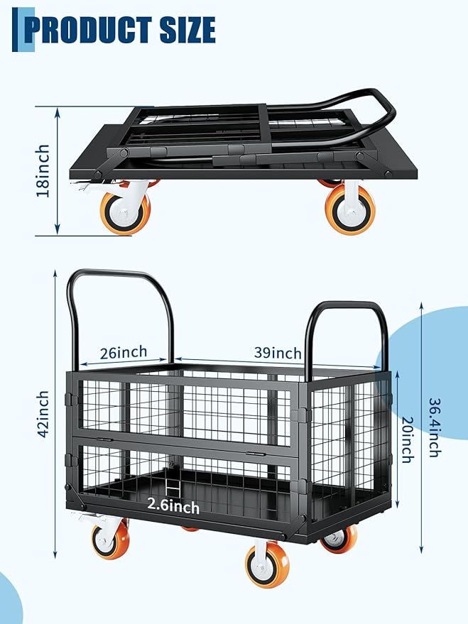 6-in-1 Platform Truck Cart with Cage, Foldable Hand Truck Load 1800 LBS with 4 Wheels Push Cart Dolly for Grocery, Laundry, Garage, Warehouse (Black+Orange)