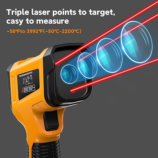 -58°F to 3992°F High-Temp Infrared Temperature Gun, Industrial Laser Thermometer Gun High Precision Triple Laser Non-Contact Pyrometer Termometer for Furnace, Kiln, Forge, Furnace, Engine, HVAC
