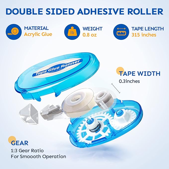 6 Pack Double Sided Tape Roller, 8mm x 315 Inch Permanent Adhesive Scrapbook Tape Dispenser Runner, Glue Tape Roller for Scrapbooking, Crafts and Arts Projects, Photo-Safe, Smooth & Clean