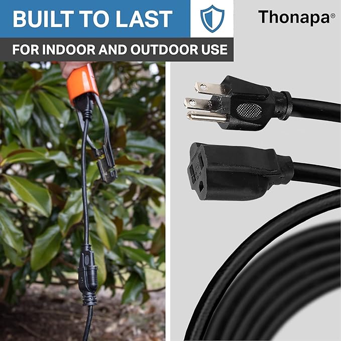 6 Foot Outdoor Extension Cord - 12/3 Heavy Duty Black Extension Cable with 3 Prong Grounded Plug for Safety - Great for Garden, Tools and Major Appliances
