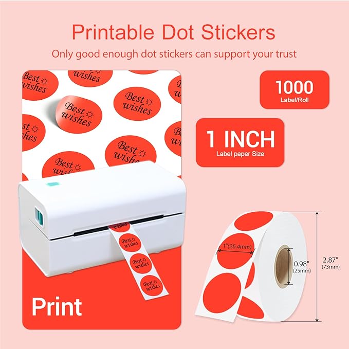 1 Inch Circle Dot Stickers 1000 PCS Color Coding Thermal Labels Dots Writable Printable Small Round Stickers for Office, Classroom, Inventory, Garage, Organizing Storage, Fluorescent Red
