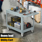 2 Tier Rolling Utility Cart on Wheels, 550 lbs Capacity Flat Top Plastic Service Cart with Lipped Shelves, 46 x 26-Inch Heavy Duty Work Cart for Warehouse, Garage, Cleaning, Gray