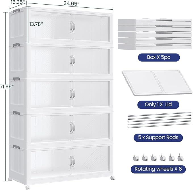 1200QT Extra Large Stackable Storage Bins with Lid & Wheels & Doors, 300Gal Foldable Collapsible Closet Organizers, Plastic Cabinet Box Container Drawer for Home Kitchen Bedroom, 5Pack White