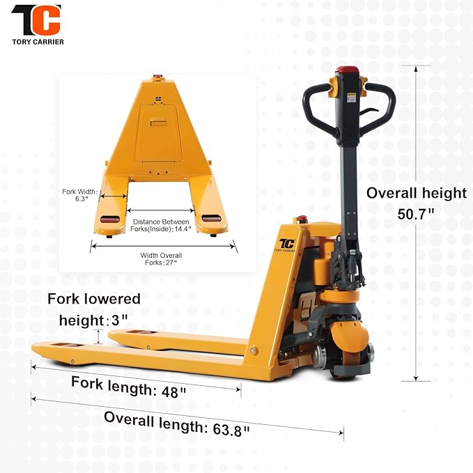 Tory Carrier Electric Pallet Jack Truck, 3300lbs Capacity Motorized Pallet Lift Trucks, 48" x 27" Fork Size Powered Lithium Battery Truck for Indoor Storage and Material Handling for Warehouse Yellow