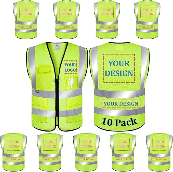 10 Pack Mesh Safety Vest Custom Logo High Visibility Reflective Vest with Pockets Security Work Vest（Yellow，L）