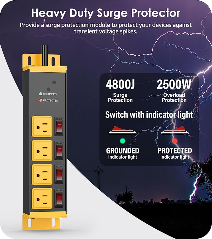 CCCEI CCCEI 2PCS Heavy Duty Power Strip Surge Protector 20 AMP Individual Switches. 15FT 12 Gauge Extension Cord with Multiple Outlets. Garage, Shop, Industrial Wall Mount Electric Extender, Yellow.