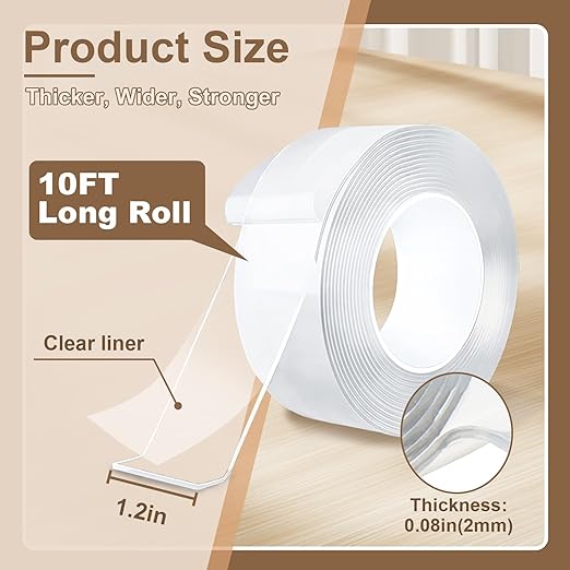 Double Sided Tape Heavy Duty, Nano Double Sided Adhesive Tape, Clear Mounting Tape Picture Hanging Adhesive Strips (2 Rolls, Total 20FT), Weatherproof for Indoor or Outdoor