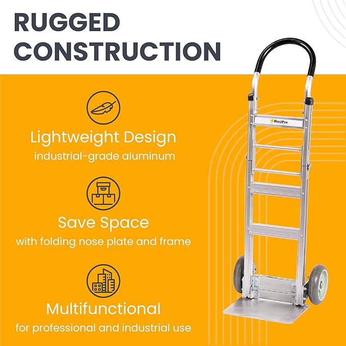 Fully Assembled Foldable Hand Truck with 8" Mold-On Rubber Wheels – Horizontal Loop Handle. 500 Lb. Capacity Dolly for Travel, Moving and Office Use | 14 X 7.5 Extruded Aluminum Nose Plate