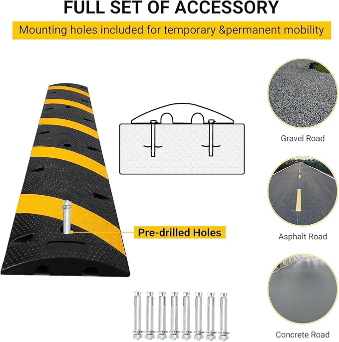 6 FT Heavy Duty Rubber Speed Bump 6-Pack, Driveway Cable Protector Ramp with Installation Bolts for Parking Lots, Garage & Gravel Roads