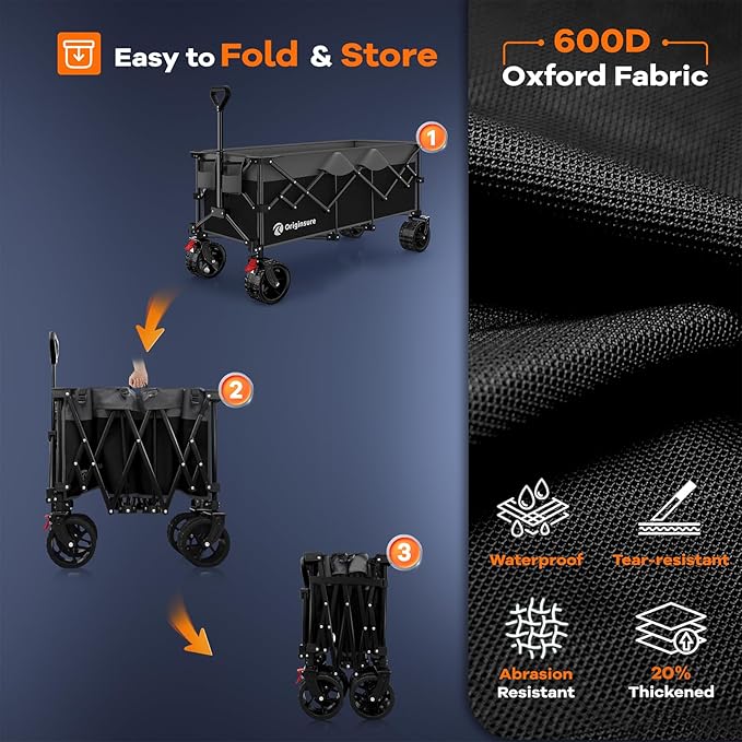 48" L Collapsible Wagon Cart Foldable, 560lbs Weight Capacity 300L Heavy Duty Folding Beach Wagons with Big All-Terrain Wheels, Utility Carts for Groceries, Shopping, Camping, Sports - Grey&Black
