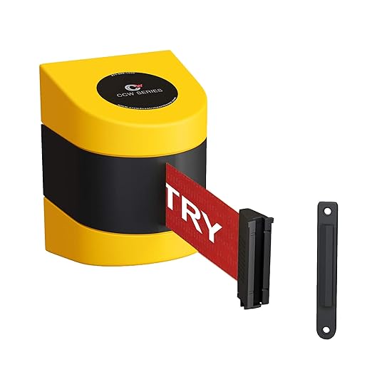 Crowd Control Warehouse - CCW Series WMB-220 Fixed Wall Mount Retractable Belt Barrier - 15 Foot, Red"NO Entry" White Letters Belt with Yellow ABS Case