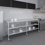 AmGood Stainless Steel Work Table with 2 Shelves and Casters | Metal Utility Table On Wheels (Stainless Steel, 96" Long x 30" Deep)