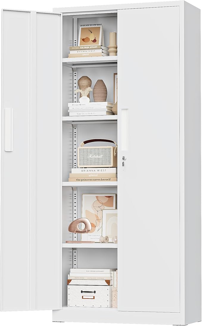 Crownland 63" Metal Storage Cabinet, Lockable Garage Storage Cabinets, High Office Cabinet with Adjustable Shelves for Garage, Home Office, Pantry, File(White)
