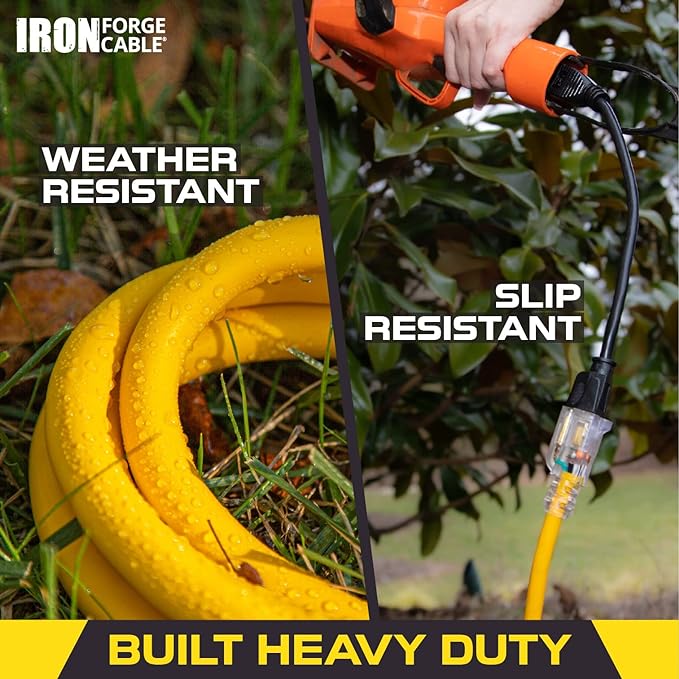 Iron Forge Cable 10 Gauge 25ft Lighted Outdoor Heavy Duty Extension Cord with 3 Outlets - 15 Amp 10/3 SJTW Yellow Extension Cord with Multiple Outlets