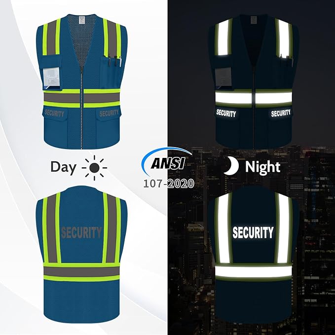 Security Vest for Security Guard, Safety Vest with Pockets, Reflective Work Wear with Zipper, High Visibility apparel, ANSI Compliant, Blue, XL