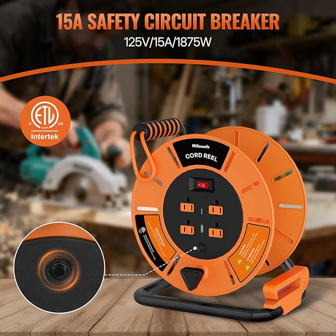 Extension Cord Storage Reel with 4-Grounded Outlet & 2 USB Port, 15A Circuit Breaker, Heavy Duty Open Cord Reel for 12/3,14/3 Gauge Power Cord, Hand Wind Retractable,ETL Listed Orange G85CR06