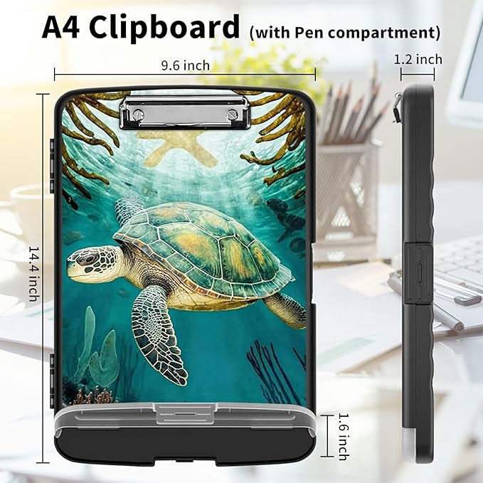Clipboard with Storage High Capacity Plastic Nursing Clipboards with Pen Holder File Folder Storage Box Clipboard with Heavy Duty Clips for Teacher,Doctor,Offices-Turtle
