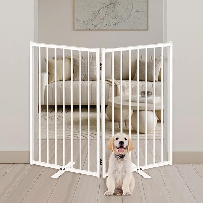 Metal Freestanding Dog Gates with Door for Outdoor Indoor,40'' Extra Wide 36'' Tall Free Standing Dog Gate for Doorways,Large Openings,Deck,Yard,Porch,Foldable Safety Pet Fence(White,2 Panels)